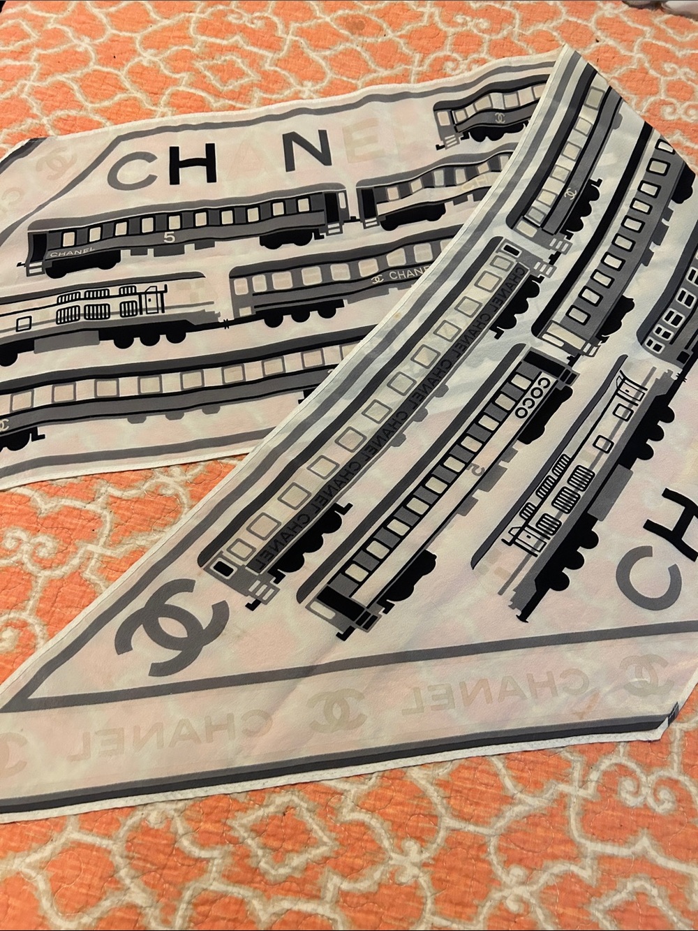 CHANEL Black, White/Cream Train-Print Silk Scarf